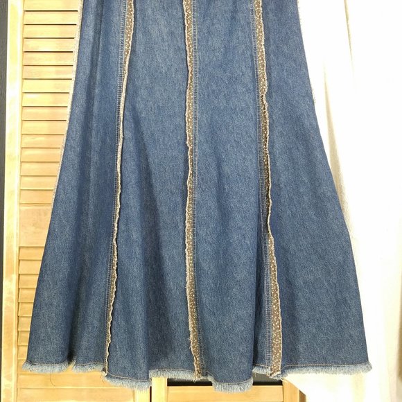 Kitsch Maxi Boho Denim Jean Frayed Fringe Hem Skirt - Picture 3 of 12